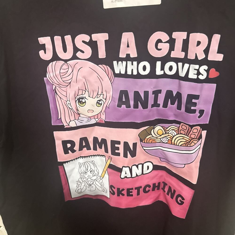 H&U Anime Ramen Sketching Graphic T-Shirt XL Black 100% Cotton Just A Girl - Picture 5 of 6